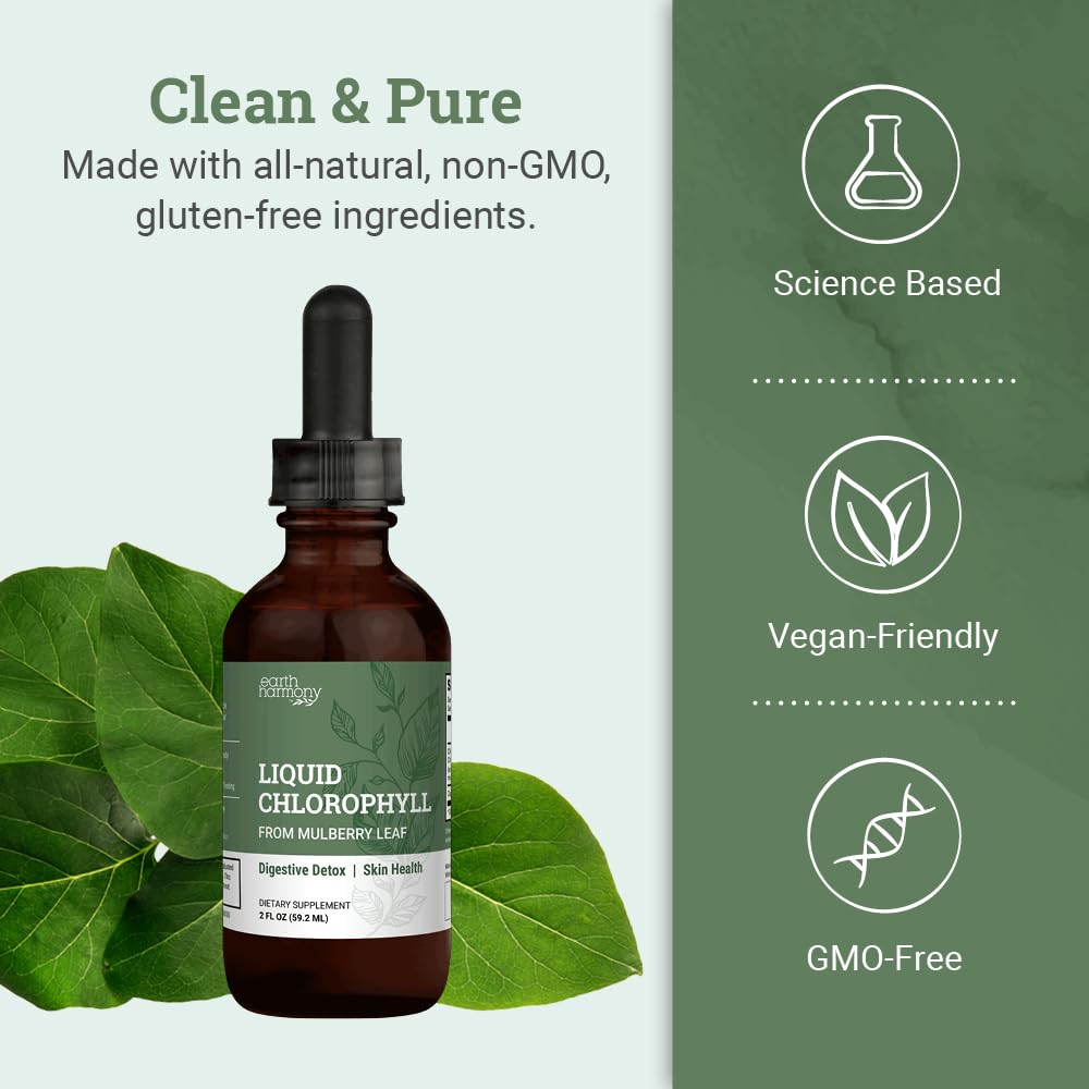 Earth Harmony Naturals Liquid Chlorophyll label highlights organic glycerin base and peppermint flavor