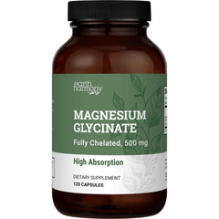 Earth Harmony Naturals Pure Magnesium Glycinate 500mg bottle with high-absorption formula