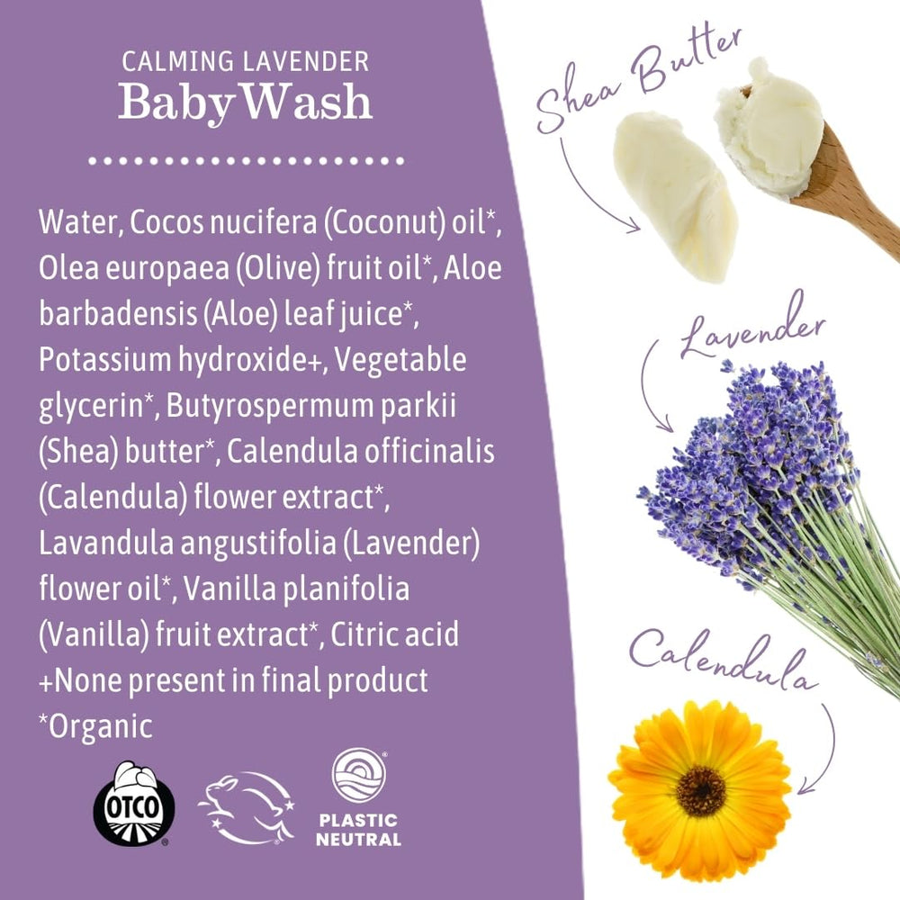 Earth Mama Calming Lavender Baby Wash nourishes with coconut oil and shea butter