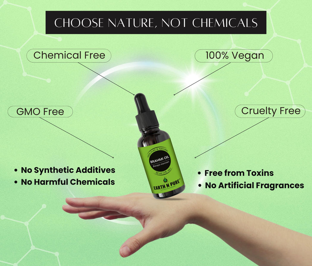 Earth N Pure Brahmi Oil for hair application providing lightweight shine.