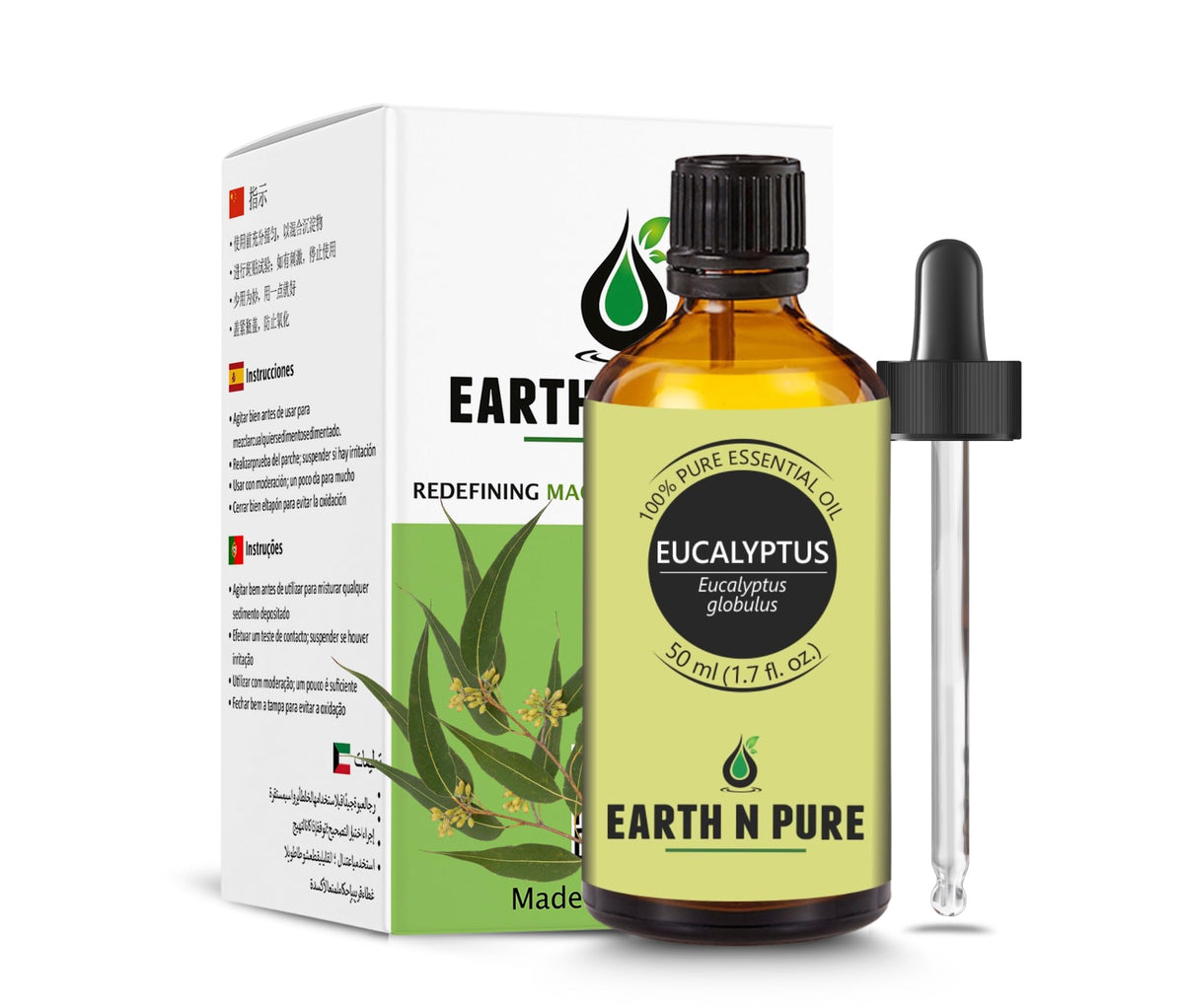 Earth N Pure eucalyptus oil bottle close-up for refreshing air and scalp care.