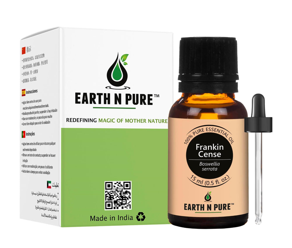 Earth N Pure Frankincense Oil bottle with dropper for precise application and diffusion.