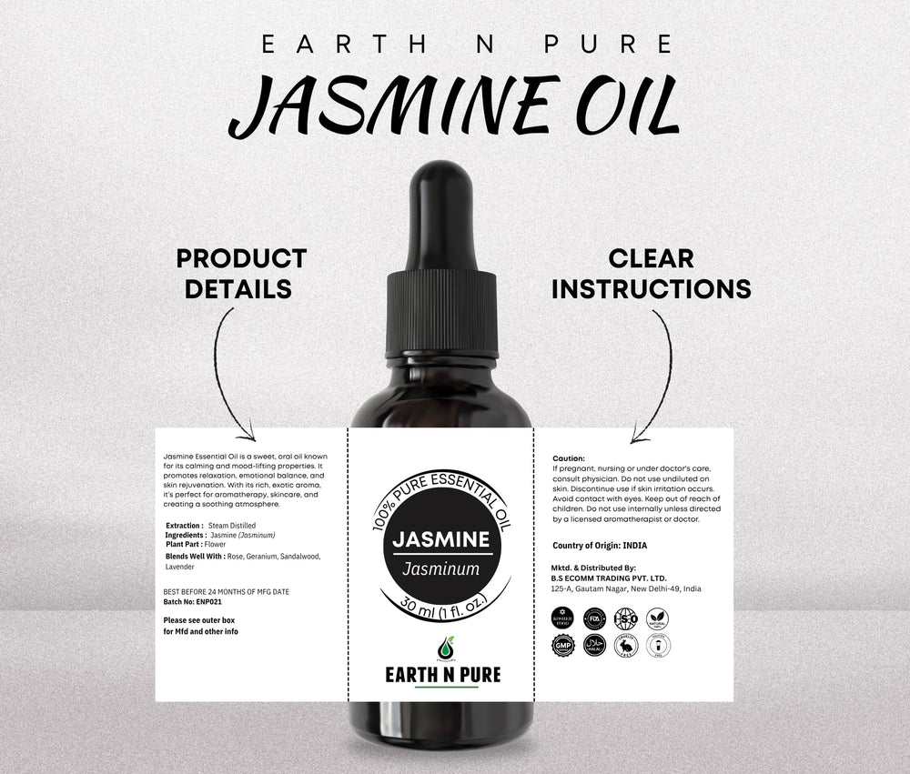 Earth N Pure Jasmine Oil bottle beside a diffuser for calming aroma