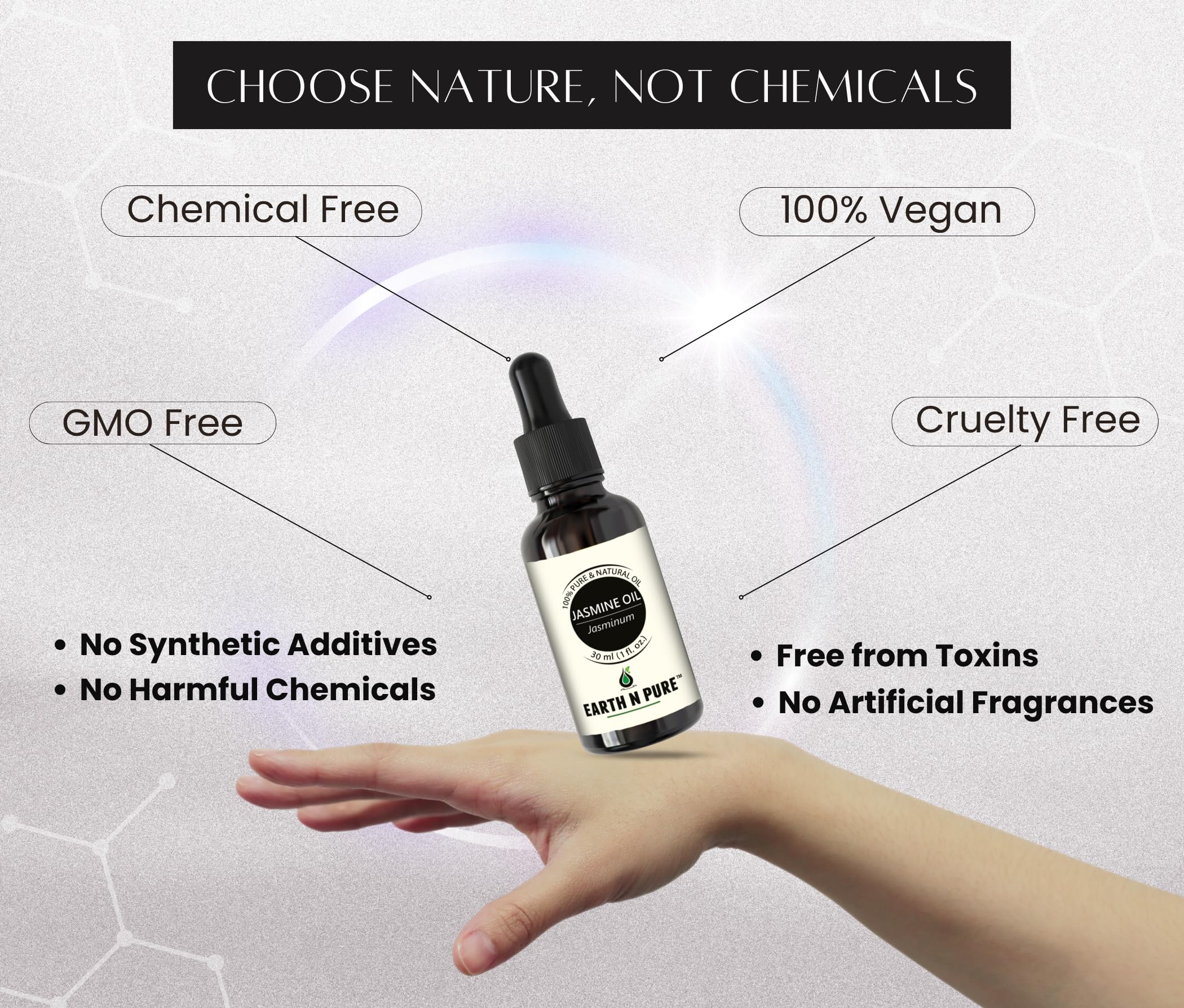 Earth N Pure Jasmine Oil bottle on a setup for soap making or cosmetic blends