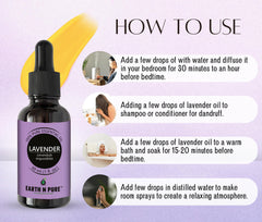 Earth N Pure Lavender Oil in a diffuser scene, releasing a calming floral aroma.