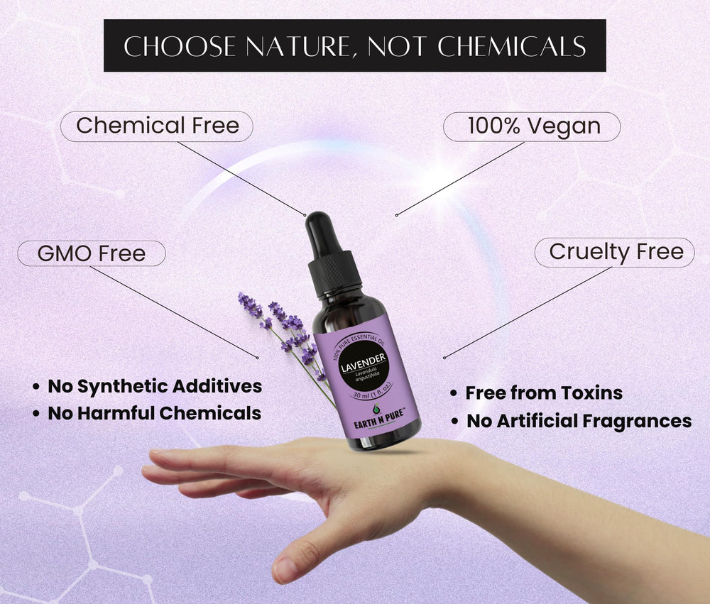 Earth N Pure Lavender Oil bottle used in skincare, skin-friendly when diluted.