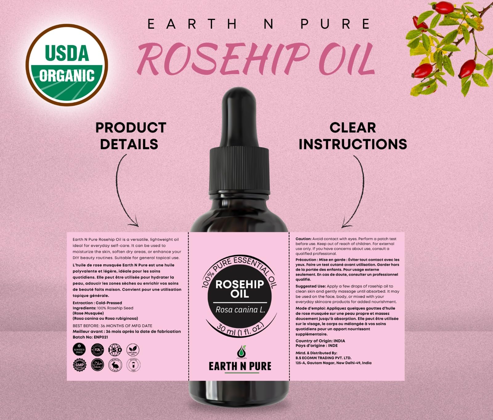 Closeup of Earth N Pure Rosehip Oil dropper ready for precise application.