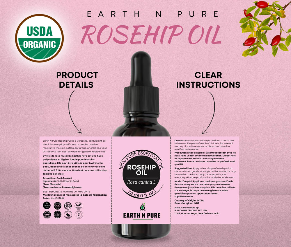 Droplet of Earth N Pure Rosehip Oil dispensed for controlled use.