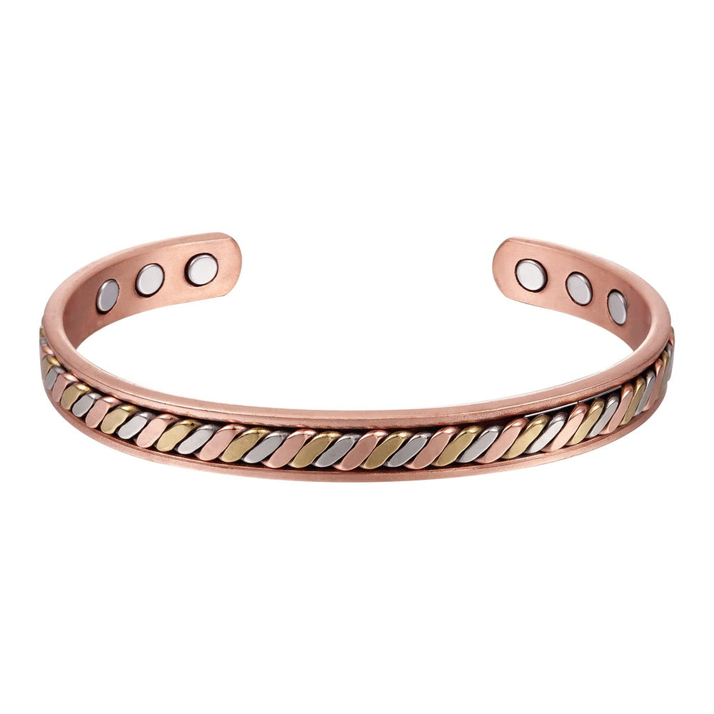 Earth Therapy copper cuff with magnets highlights six neodymium magnets creating a steady wrist field