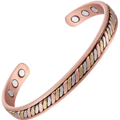 Earth Therapy copper cuff close-up shows flat rope style for daily wear