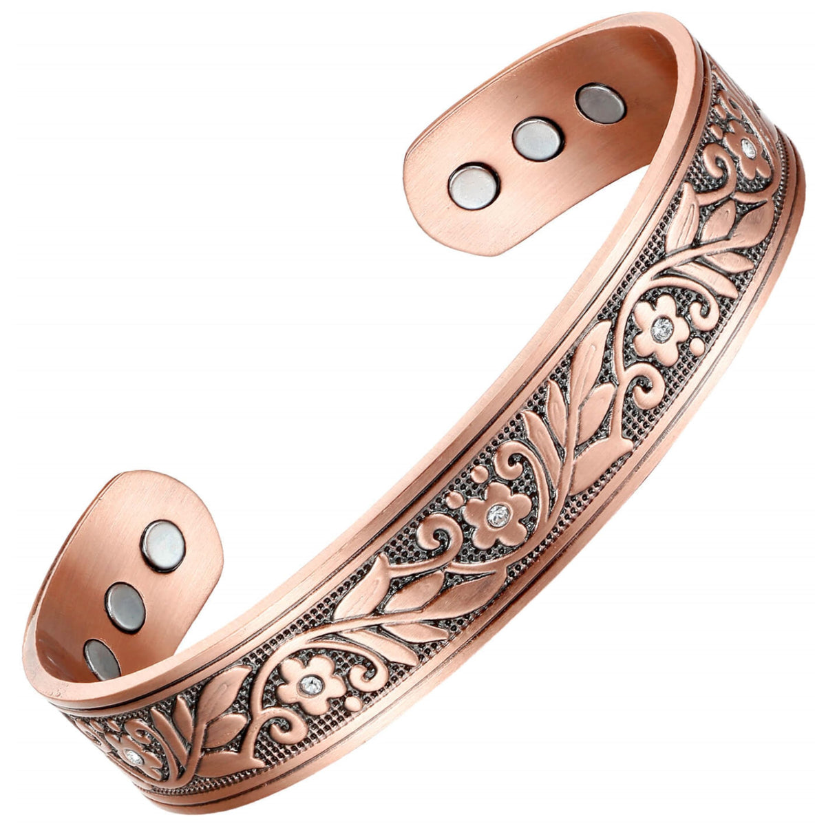 Earth Therapy cuff on the wrist, floral crystal design for daily wear.