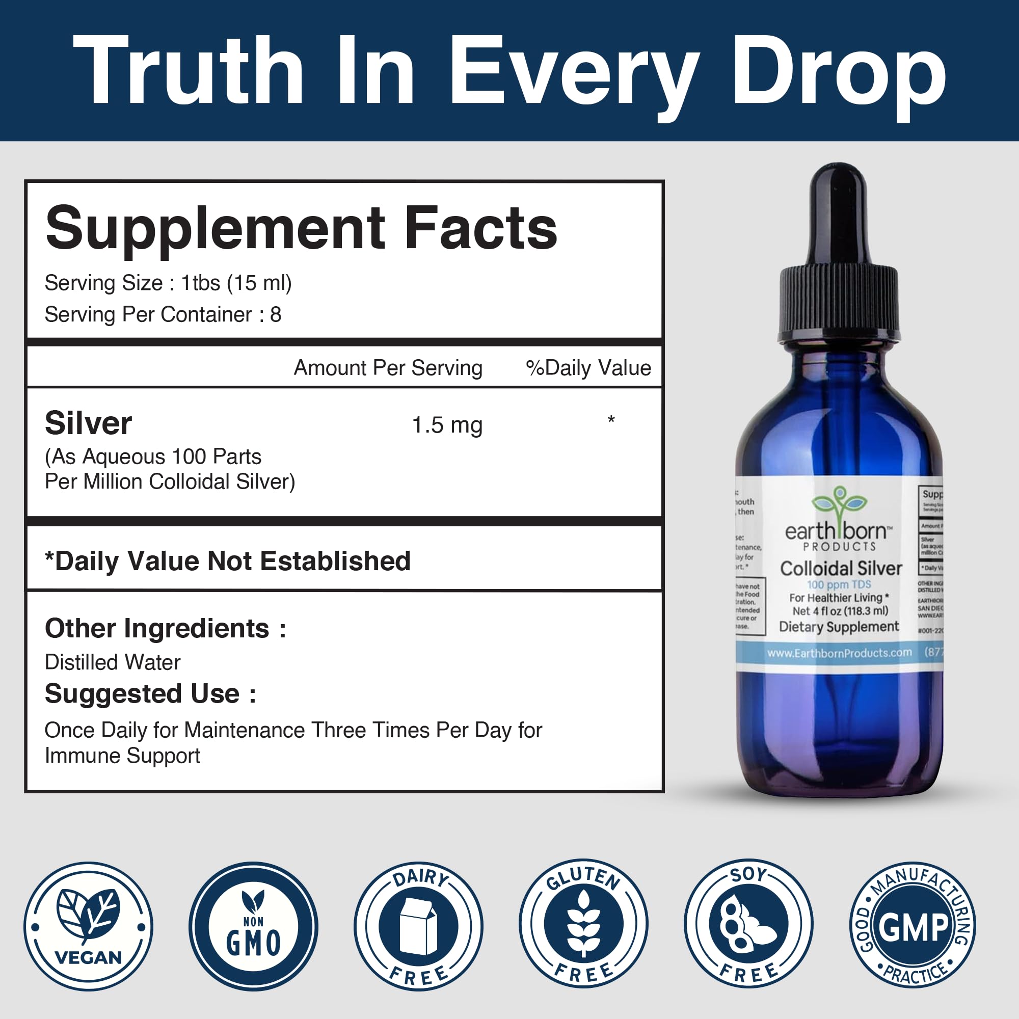 Earthborn Colloidal Silver dark glass bottle preserves potency and freshness.