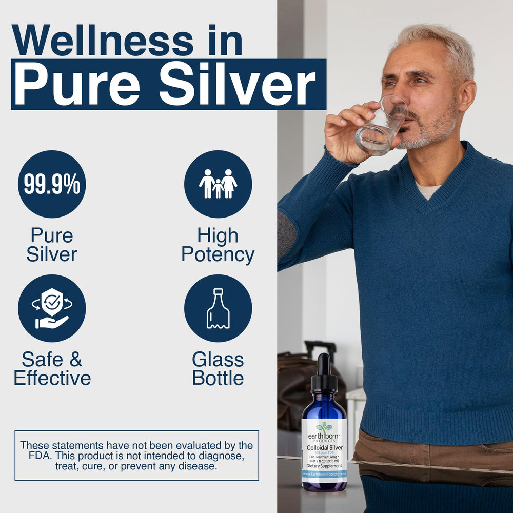 Earthborn Colloidal Silver Liquid 100 PPM bottle close-up highlighting purity.