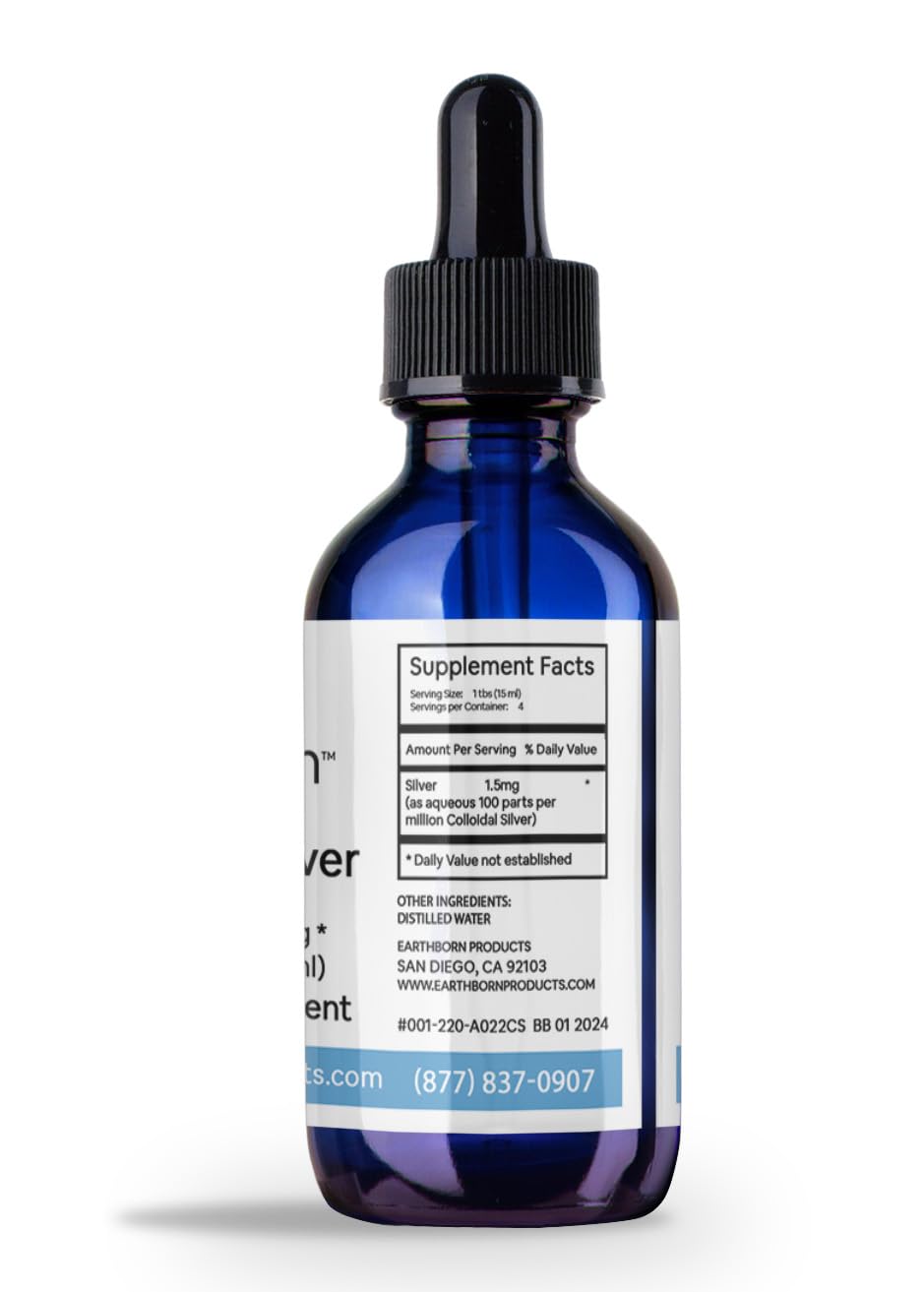 Earthborn Colloidal Silver Liquid bottle on counter supports daily balance.