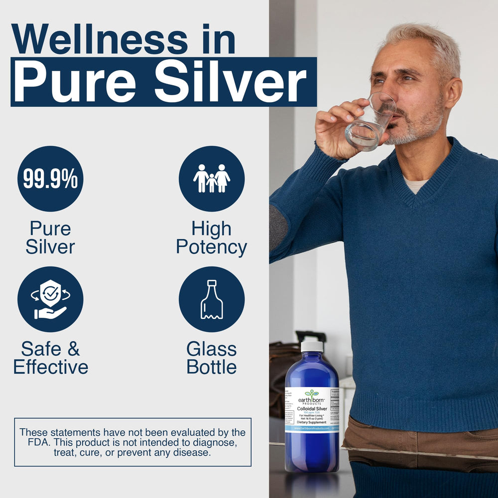 Earthborn Colloidal Silver Liquid glass bottle highlights pure, additive-free formula.