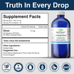 Earthborn Colloidal Silver Liquid particles visible in solution for clarity.