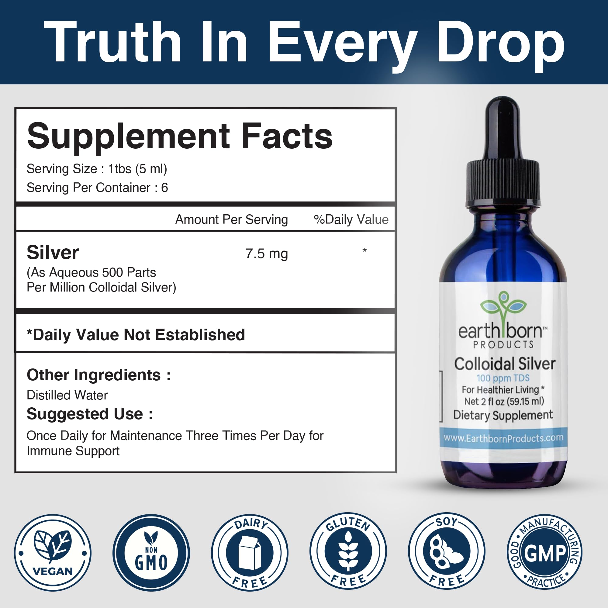 Earthborn Colloidal Silver Liquid pour into glass for daily wellness.