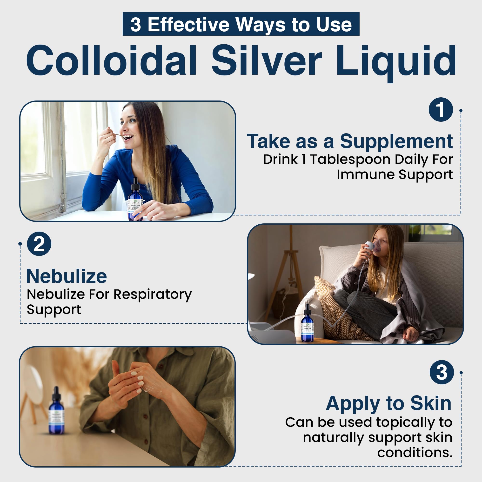 Earthborn Colloidal Silver Liquid unflavored bottle showing pure formula.