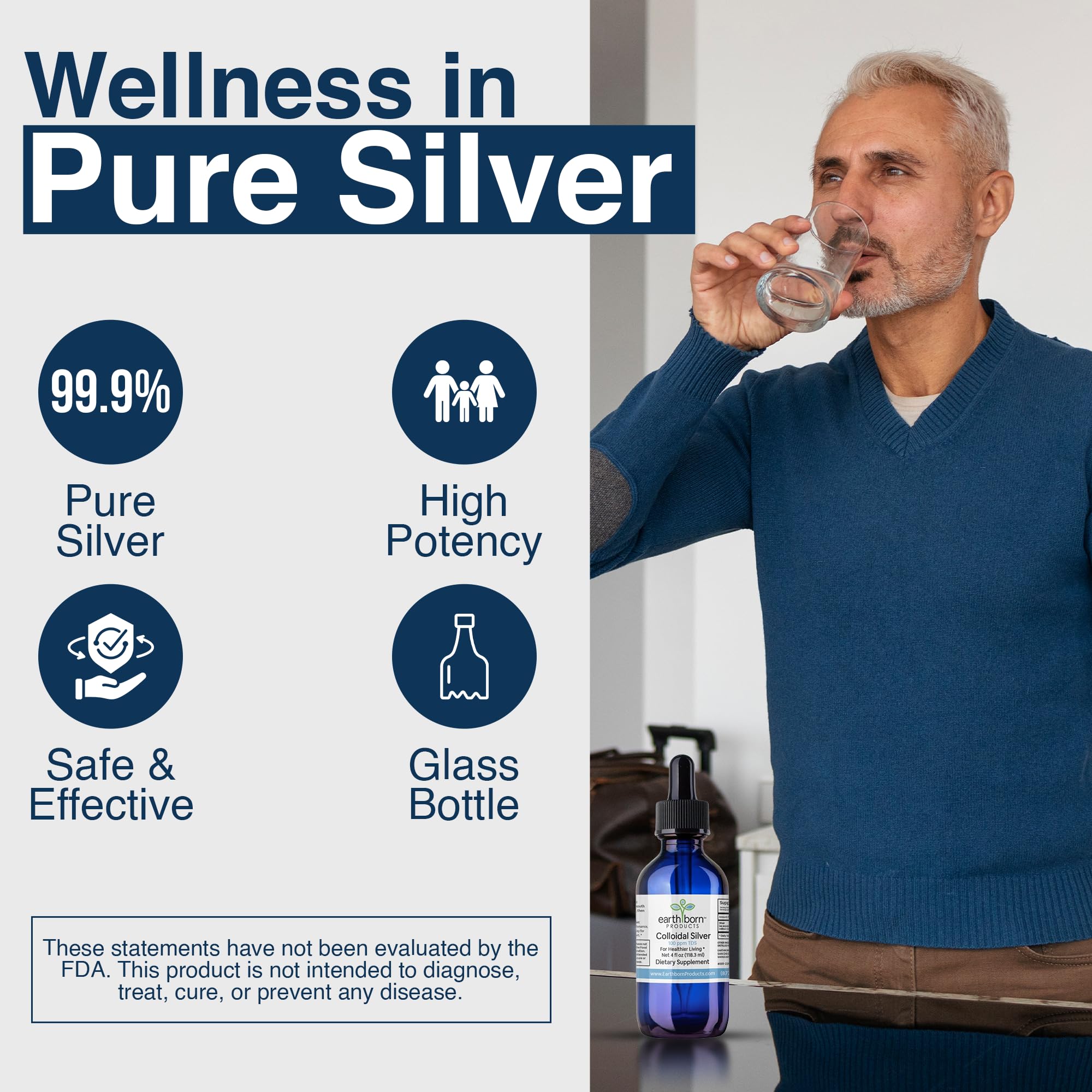 Earthborn Colloidal Silver is poured, illustrating easy daily dosing for a flexible routine.
