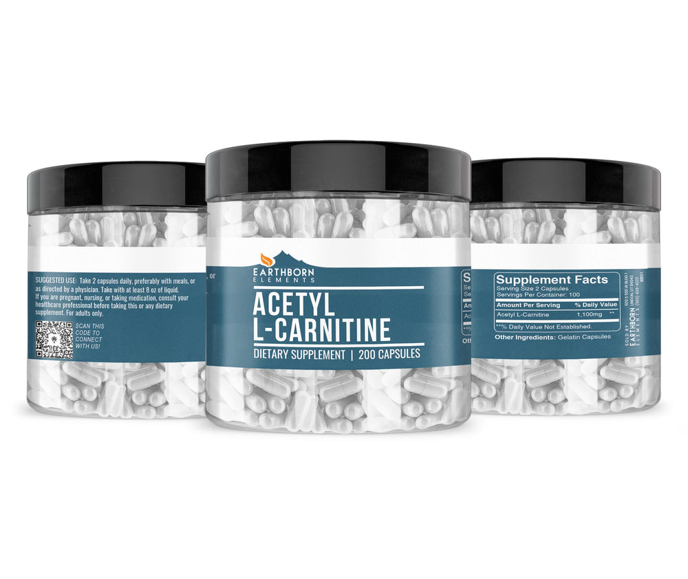 Earthborn Elements Acetyl L-Carnitine bottle back label highlights pure, additive-free formula.