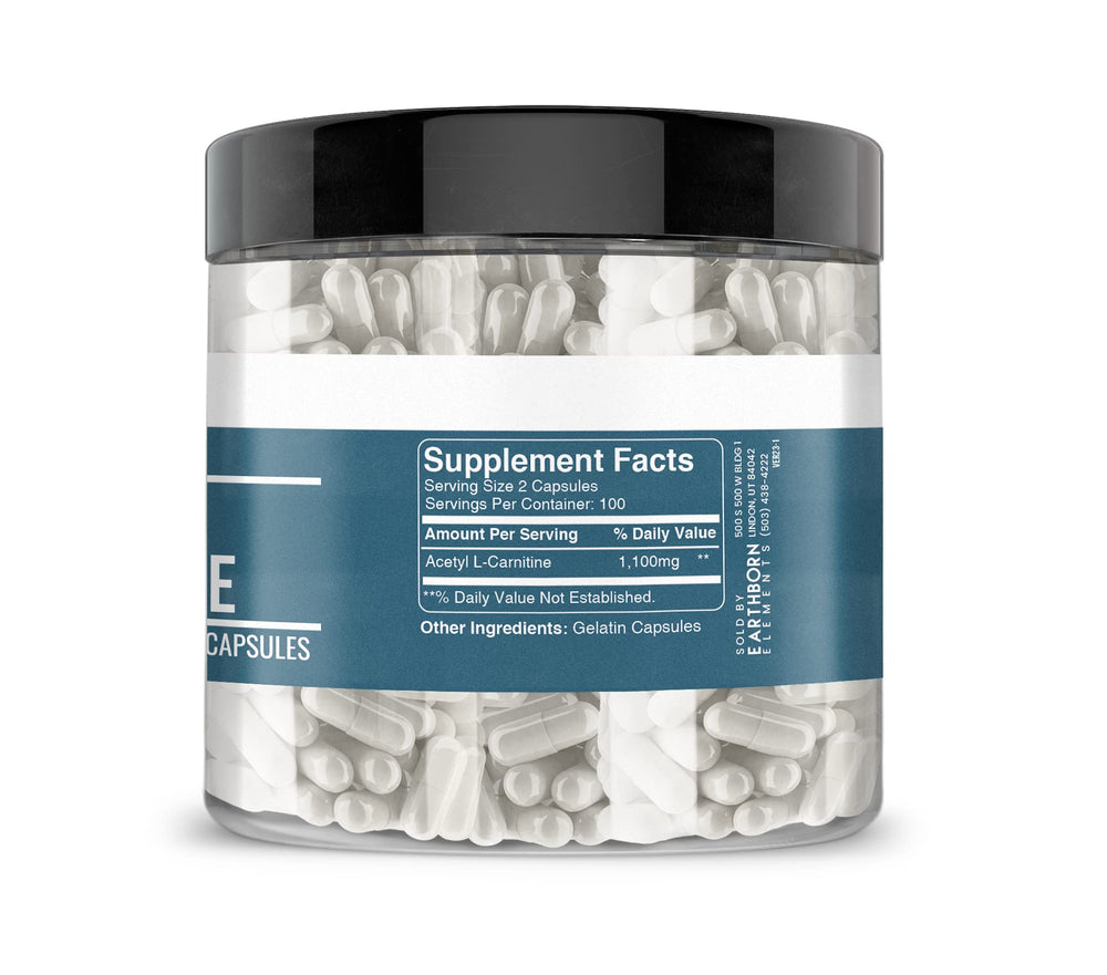 Earthborn Elements Acetyl L-Carnitine bottle side demonstrates convenient daily use.