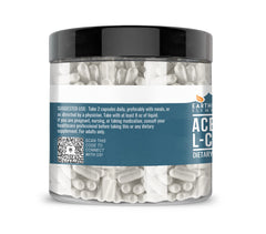 Earthborn Elements Acetyl L-Carnitine capsules closeup shows uniform easy-to-swallow capsules.