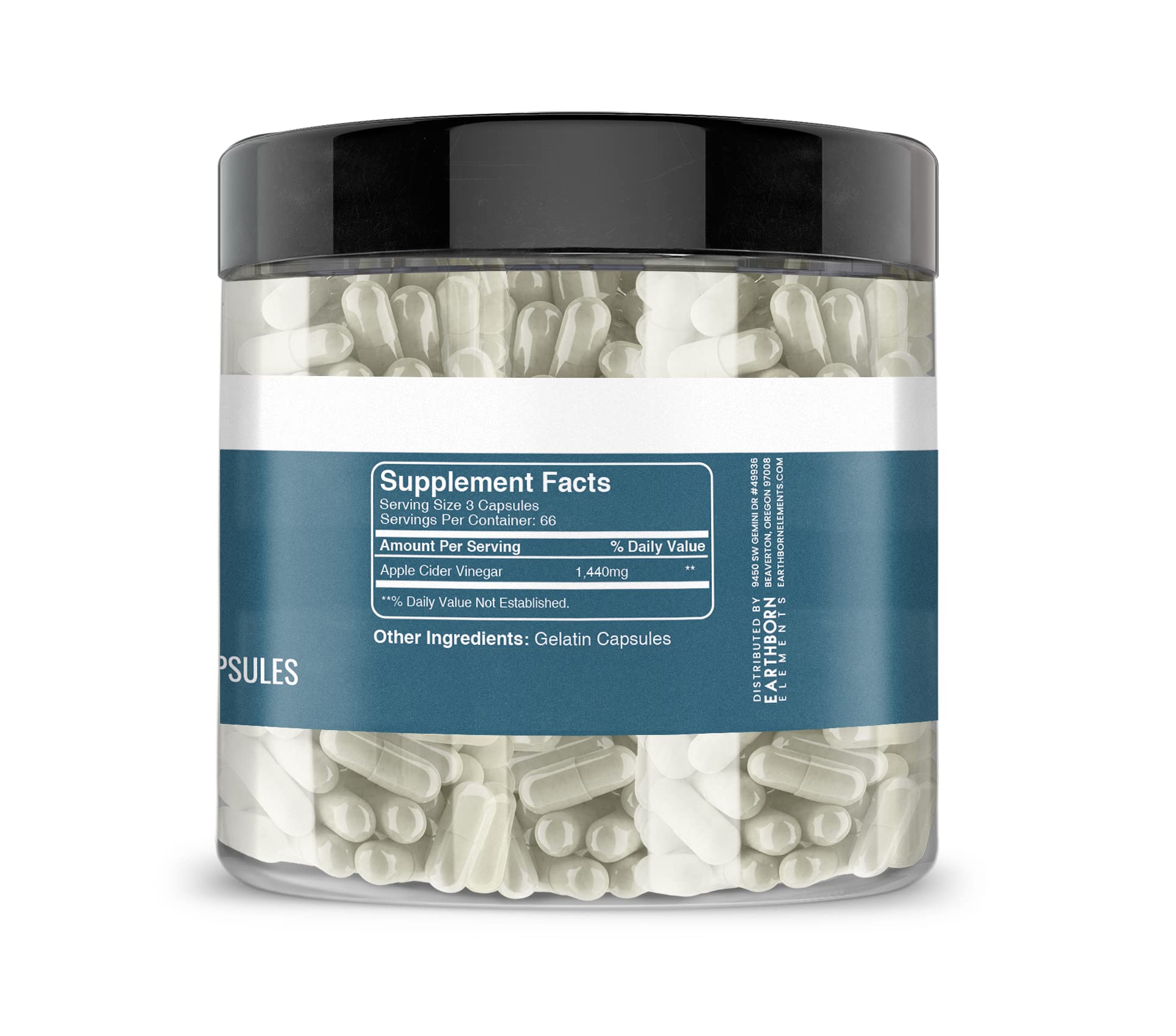 Earthborn Elements Apple Cider Vinegar capsules close-up, pure and undiluted.