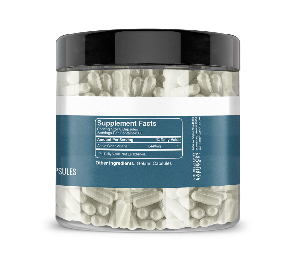 Earthborn Elements Apple Cider Vinegar capsules close-up, pure and undiluted.