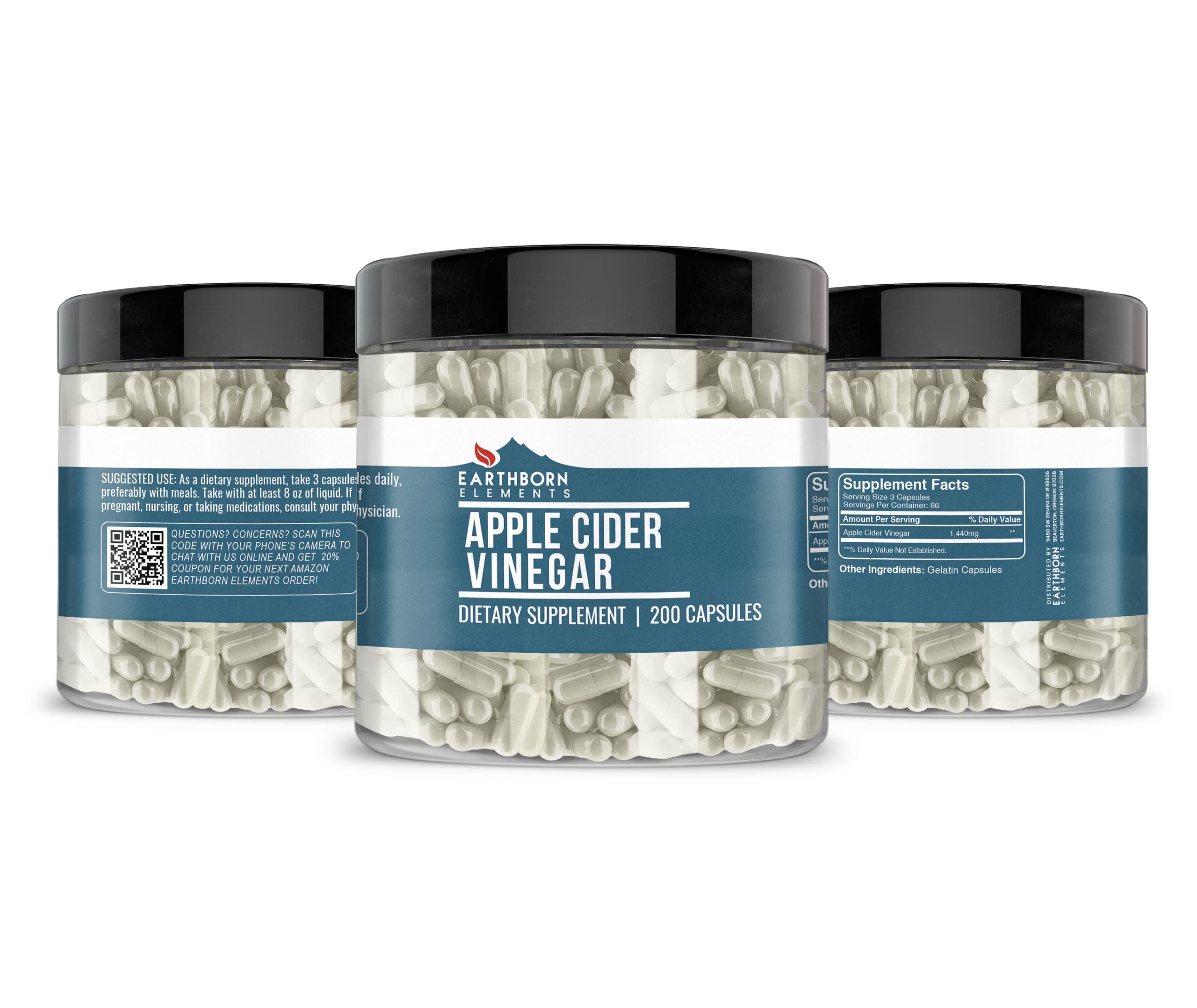 Earthborn Elements Apple Cider Vinegar capsules packaging, USA-encapsulated quality.