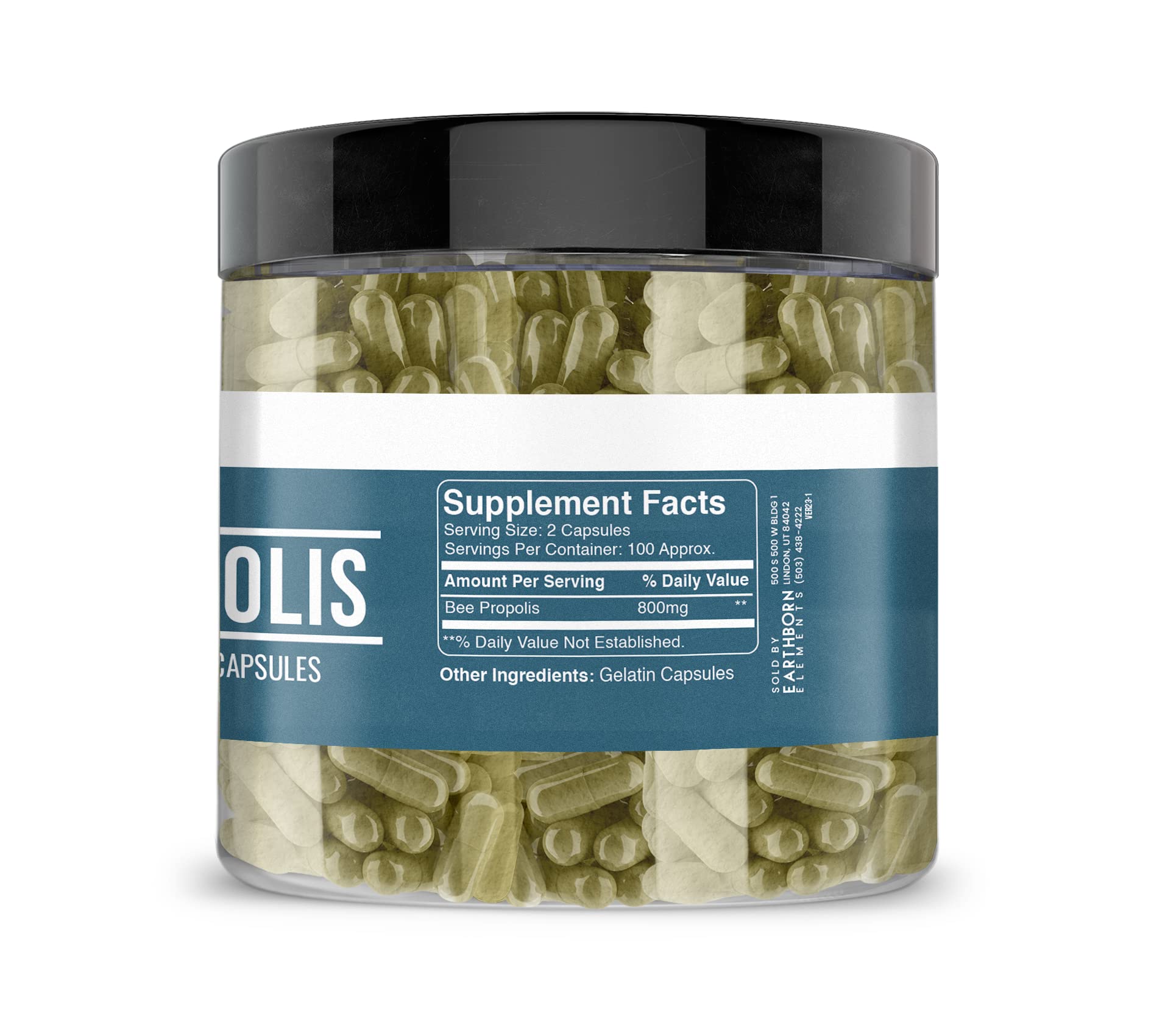 Earthborn Elements Bee Propolis label emphasizes quality and USA encapsulation
