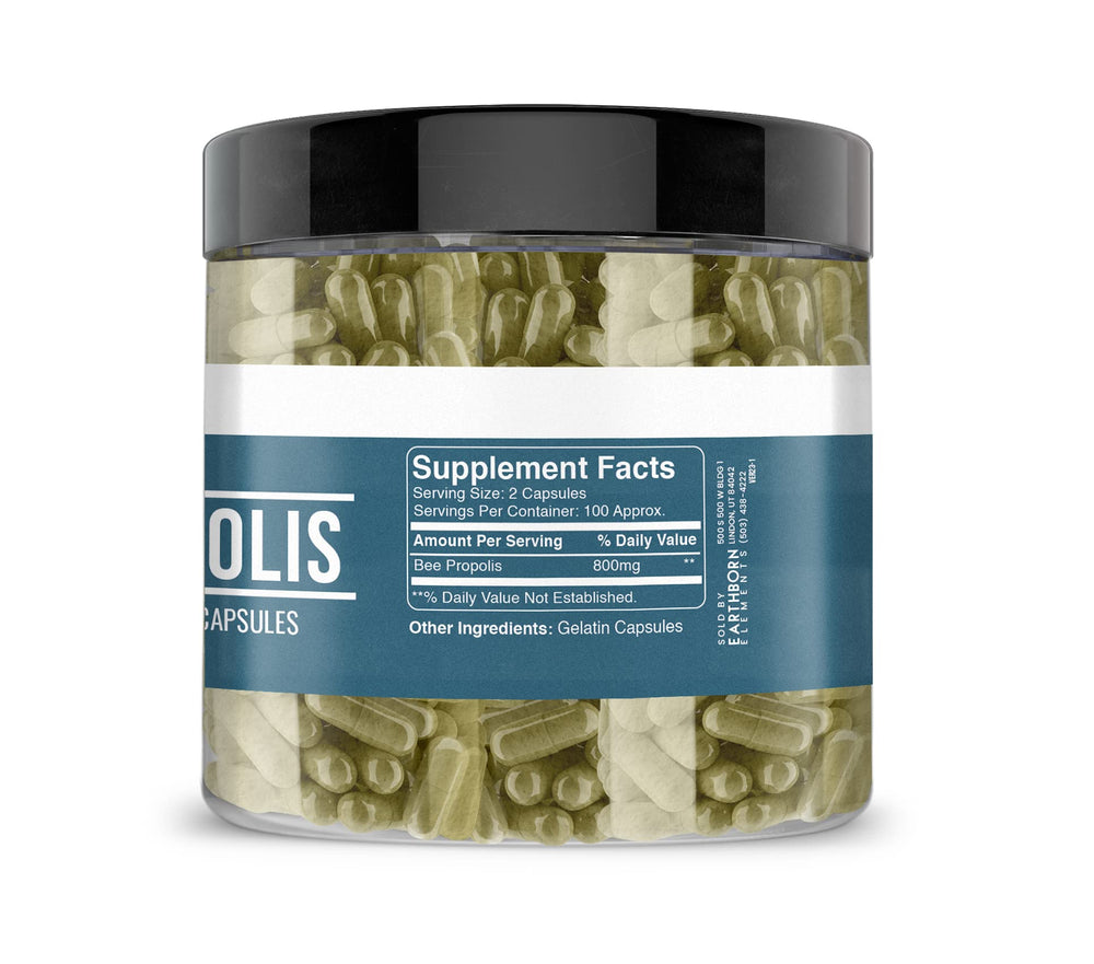 Earthborn Elements Bee Propolis label emphasizes quality and USA encapsulation