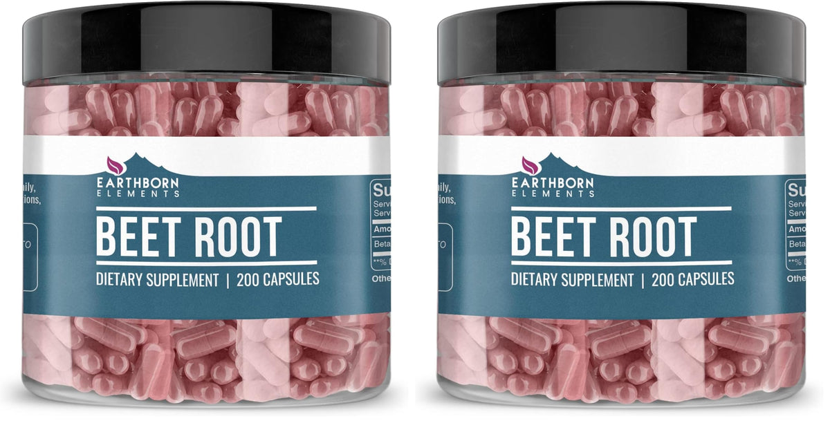 Earthborn Elements Beet Root capsules bottle shows pure nitrate source for daily wellness potential.