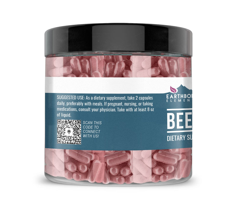 Earthborn Elements Beet Root capsules closeup highlights clean ingredients and additive-free formulation.