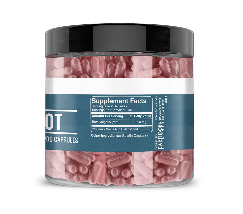 Earthborn Elements Beet Root capsules pour image suggests easy dosing on busy mornings.