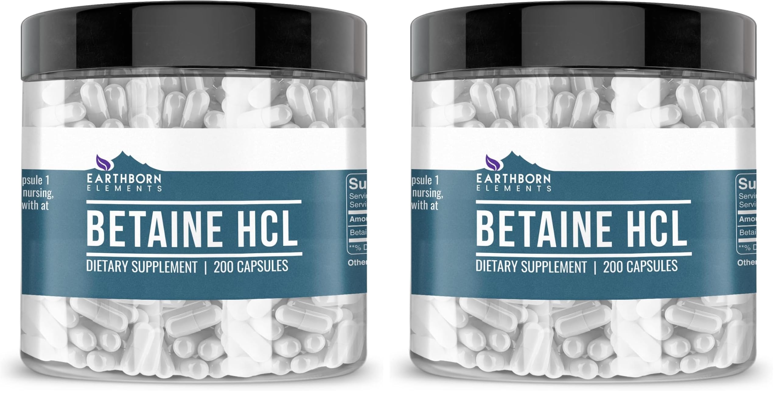 Earthborn Elements Betaine HCl 200 capsules in a jar for digestive comfort
