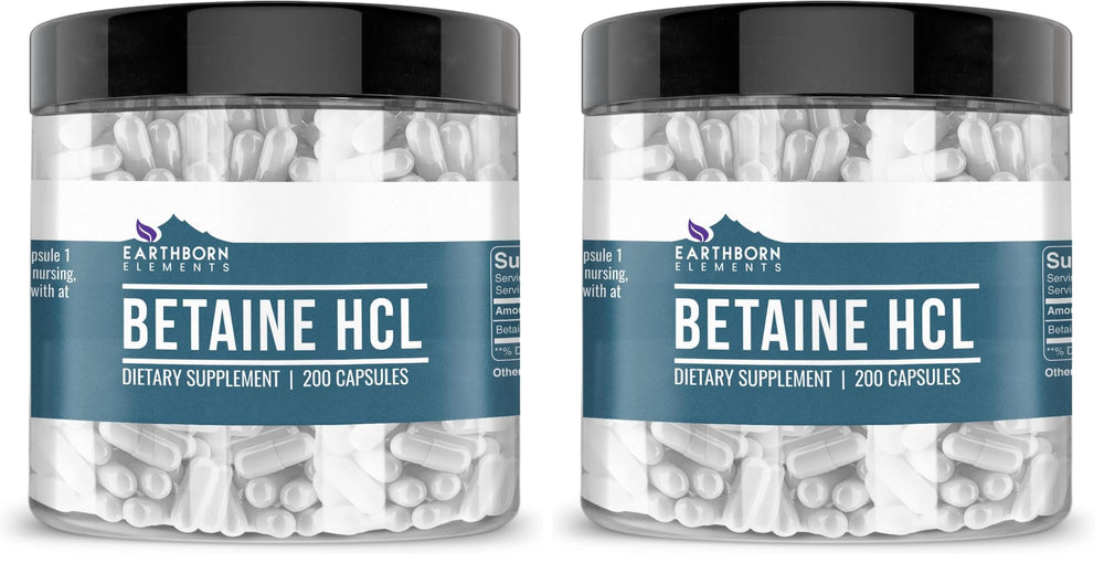Earthborn Elements Betaine HCl 200 capsules in a jar for digestive comfort
