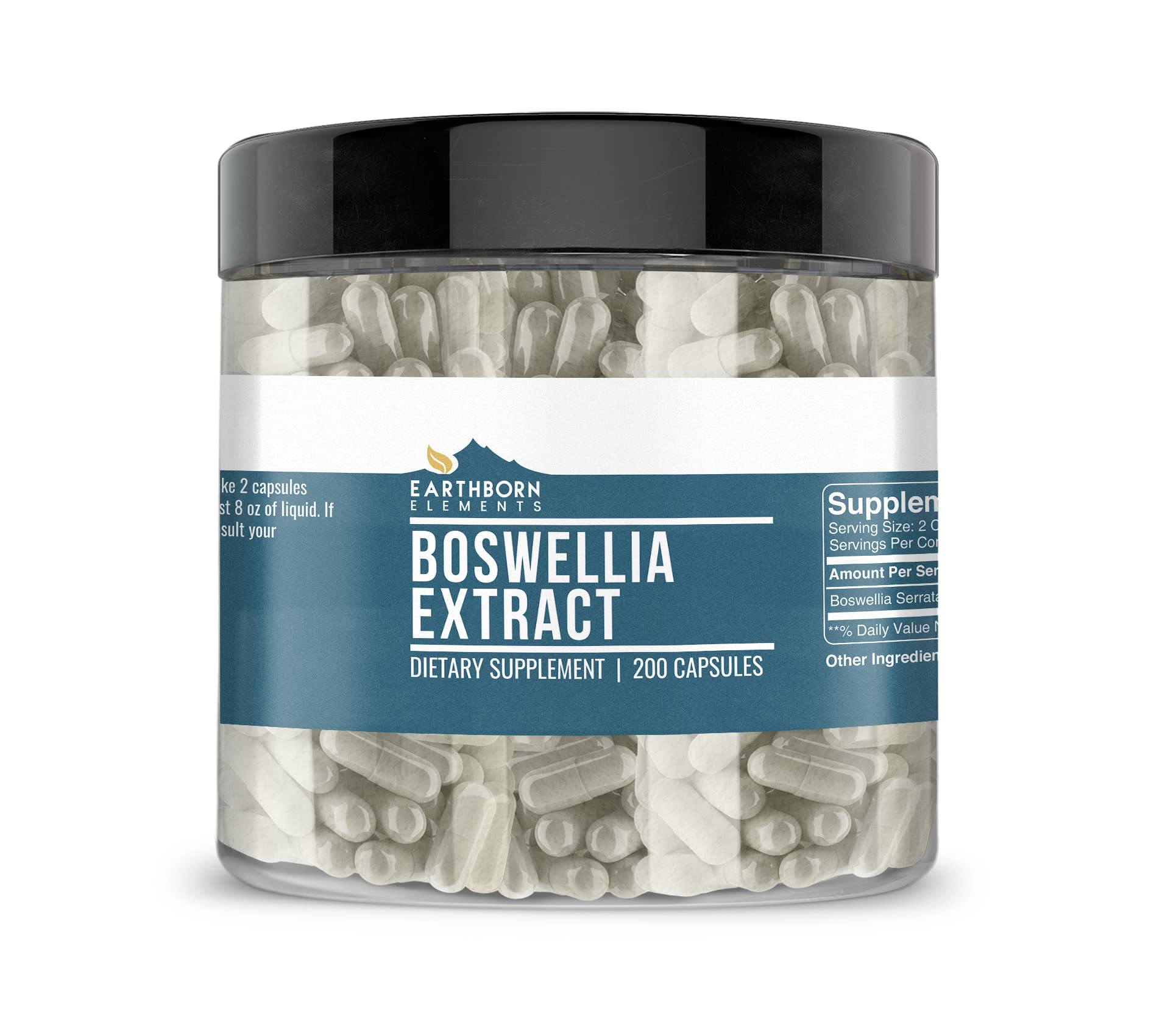 Earthborn Elements Boswellia extract 200 capsules, bottle front, additive-free for clean supplementation.