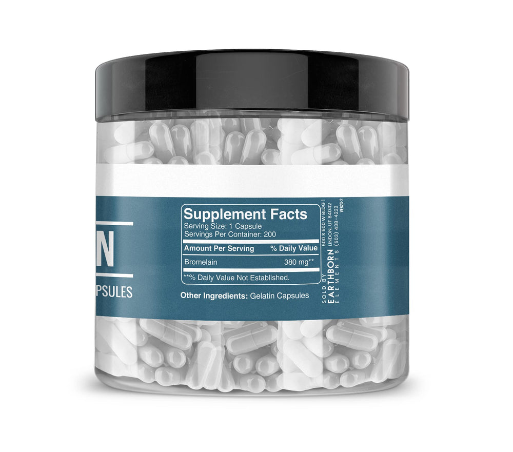 Earthborn Elements Bromelain pineapple-origin highlights pineapple source and natural enzyme with potential digestive support.