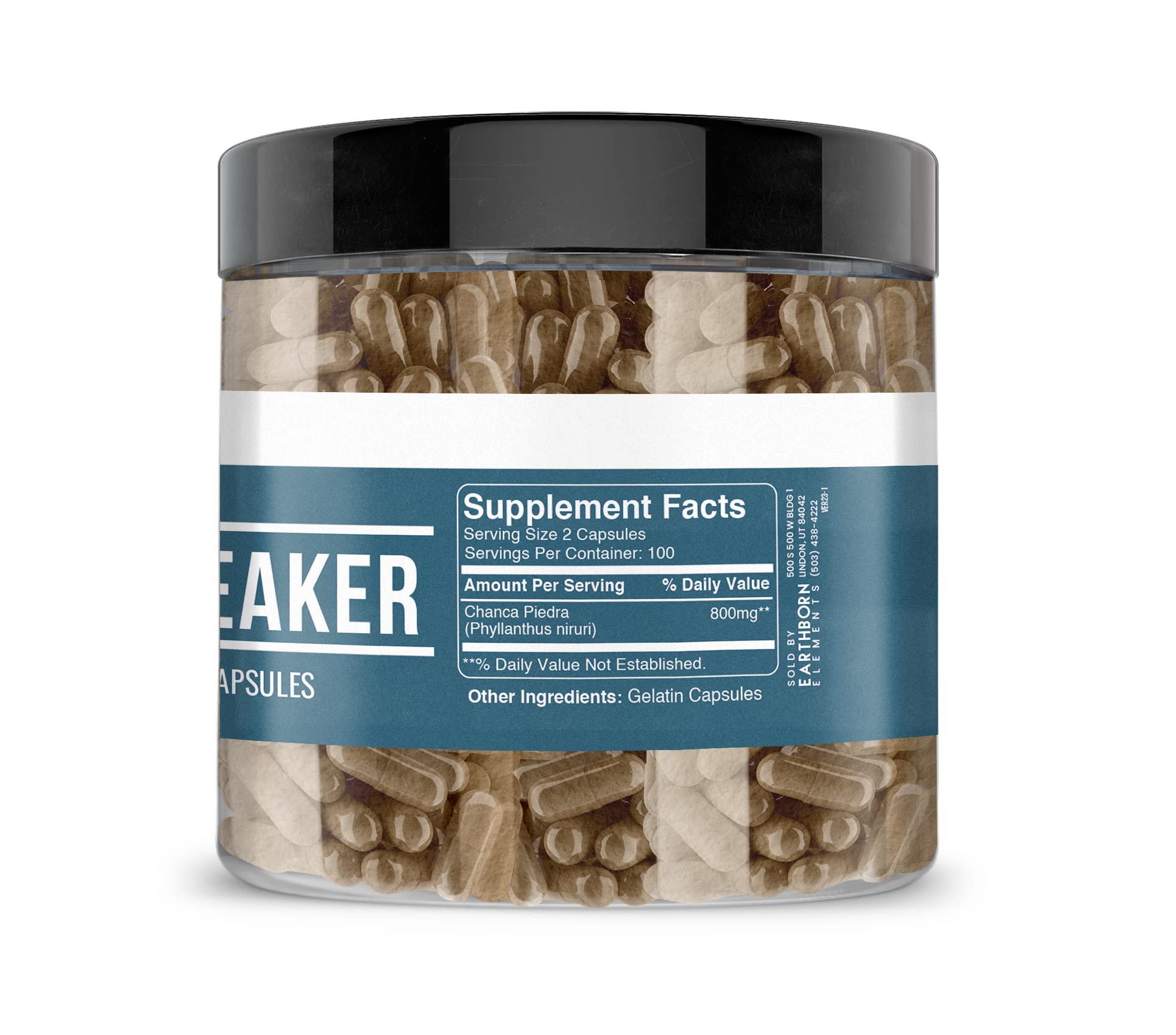 Earthborn Elements Chanca Piedra label highlights per-pack details and USA-encapsulated production