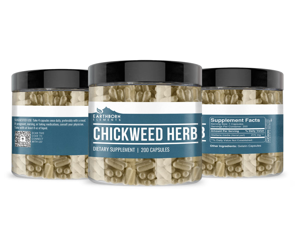 Earthborn Elements Chickweed Herb Capsules close-up label highlighting no additives.
