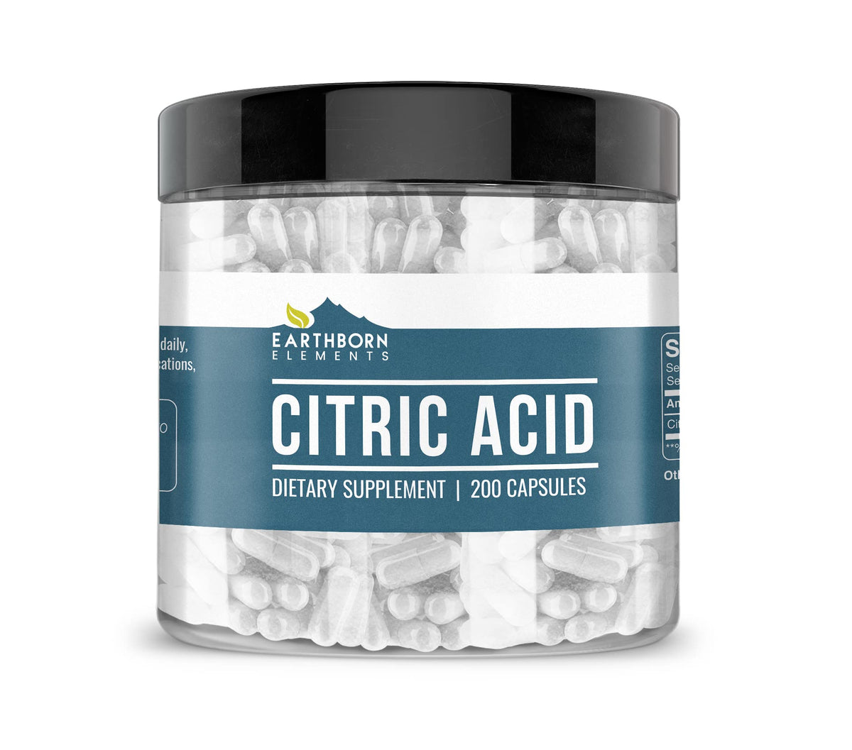 Earthborn Elements Citric Acid capsules shown for easy swallowing.