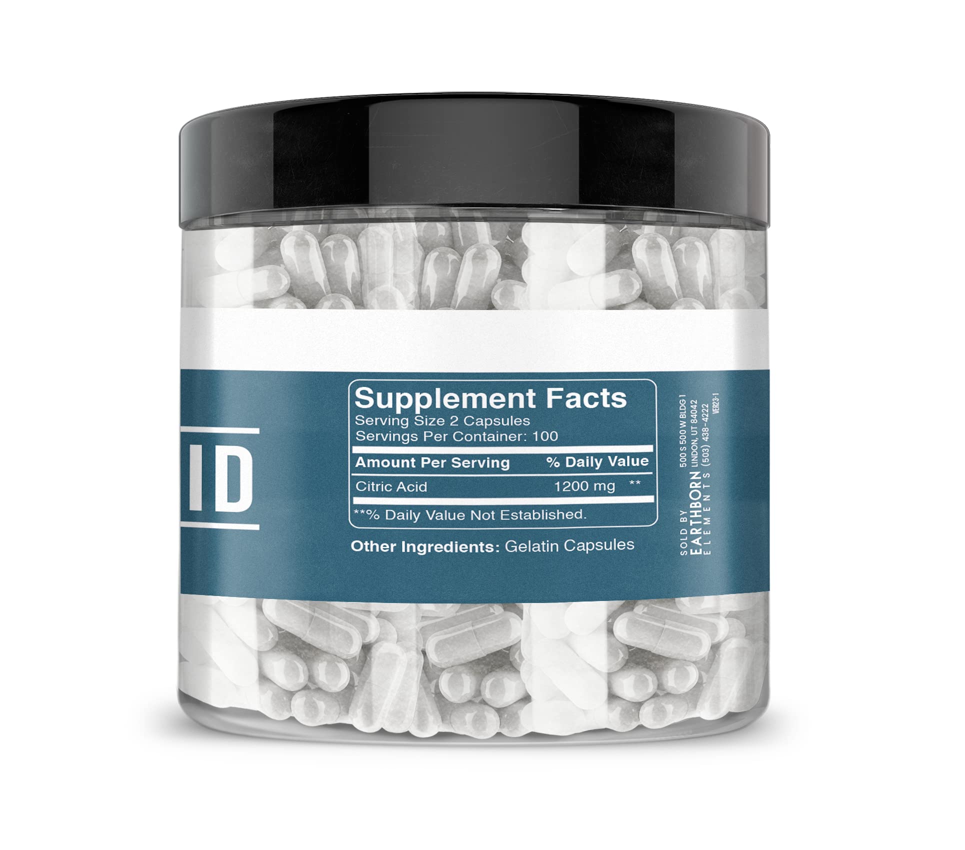 Earthborn Elements Citric Acid capsules show USA-encapsulated quality.