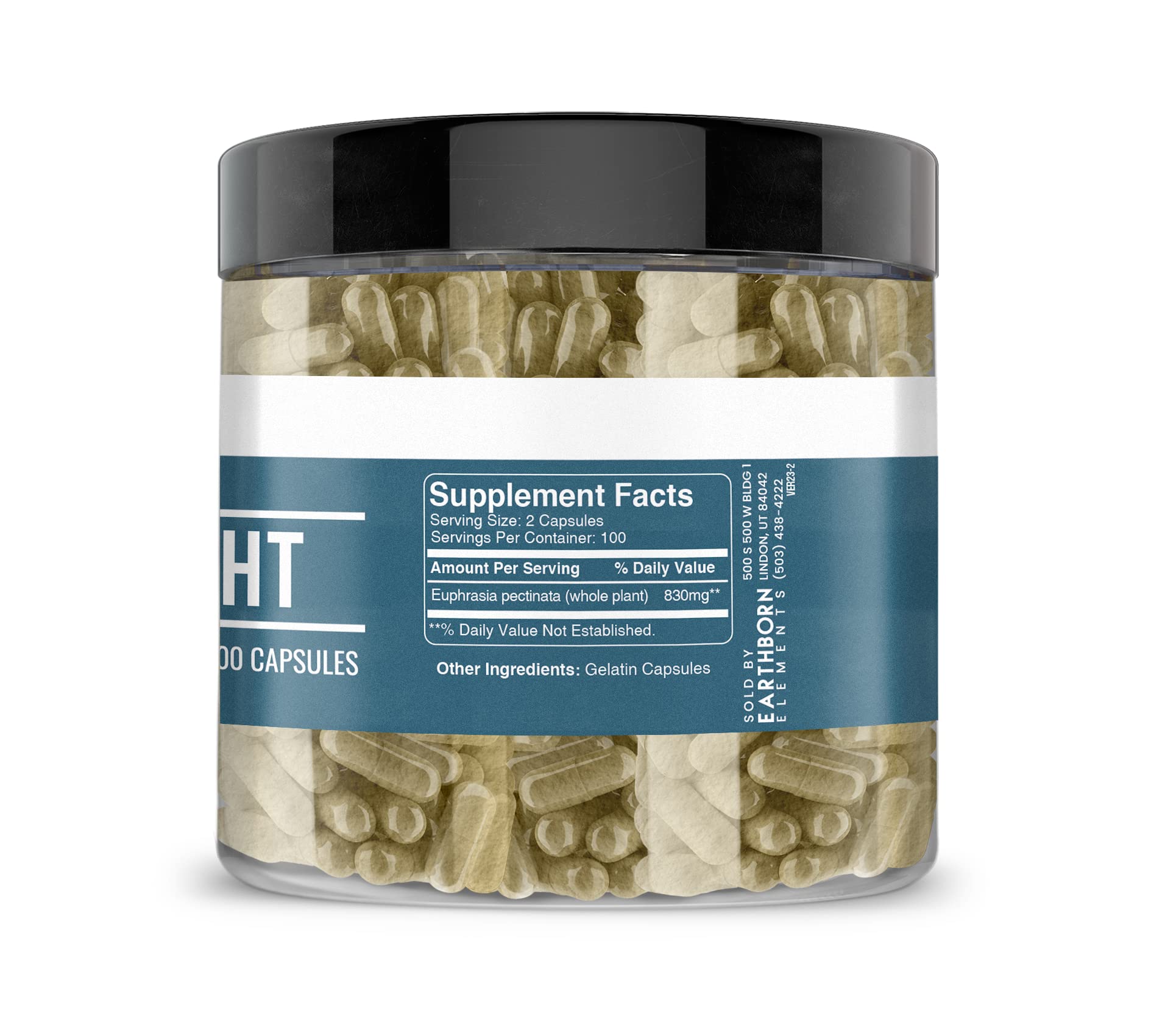 Earthborn Elements Eyebright capsules close-up, easy-to-use capsules for daily use.