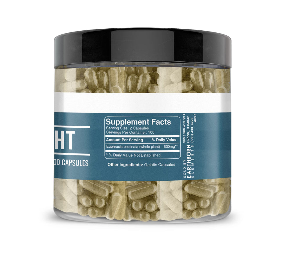 Earthborn Elements Eyebright capsules close-up, easy-to-use capsules for daily use.