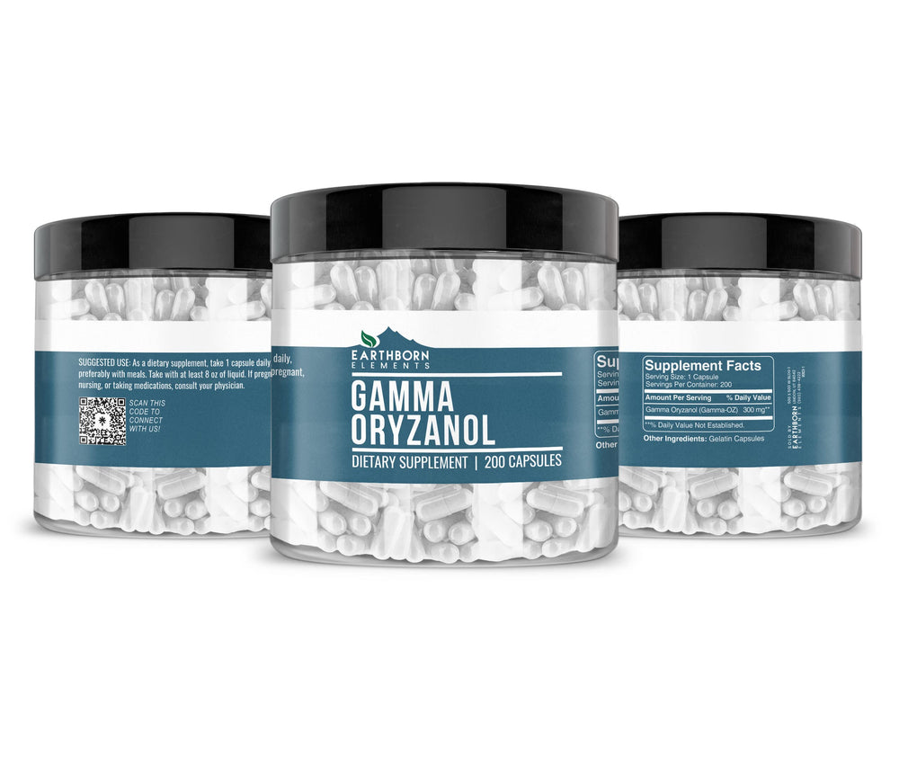 Earthborn Elements Gamma Oryzanol bottle with glossy finish, premium quality.