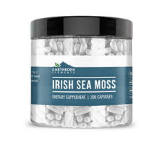 Earthborn Elements Irish Sea Moss bottle front shows a pure, additive-free supplement for daily wellness.
