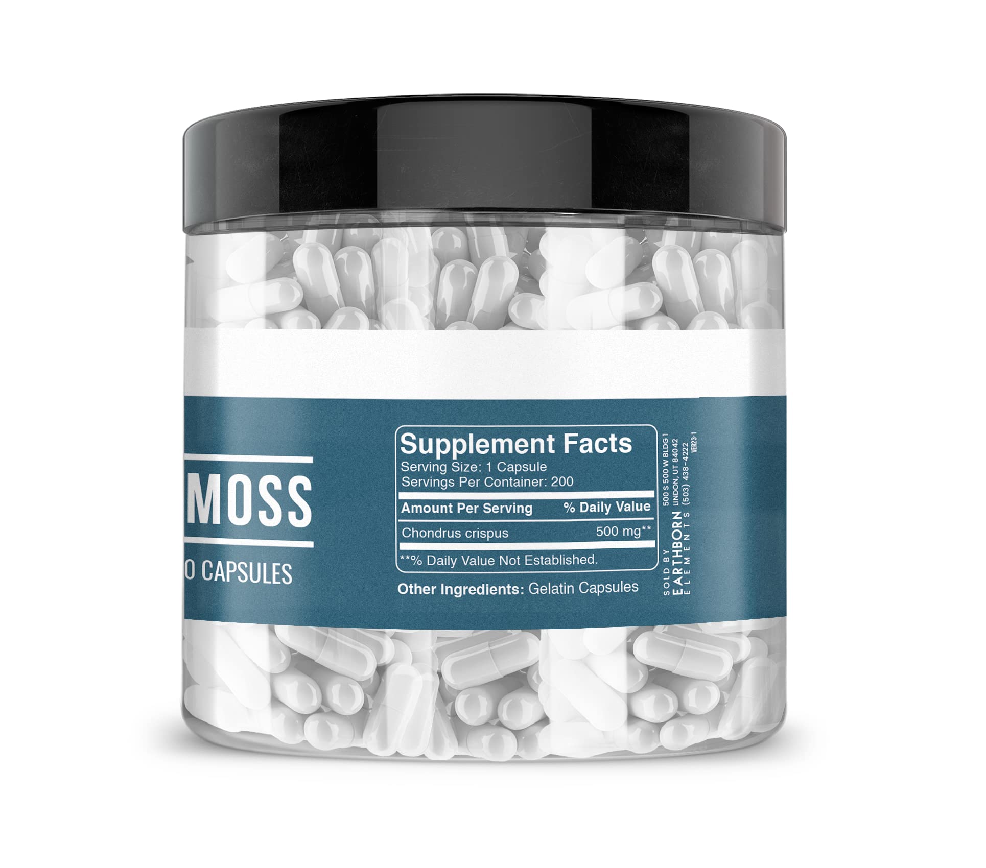 Earthborn Elements Irish Sea Moss bottle with label emphasizes USA-encapsulated production and quality.