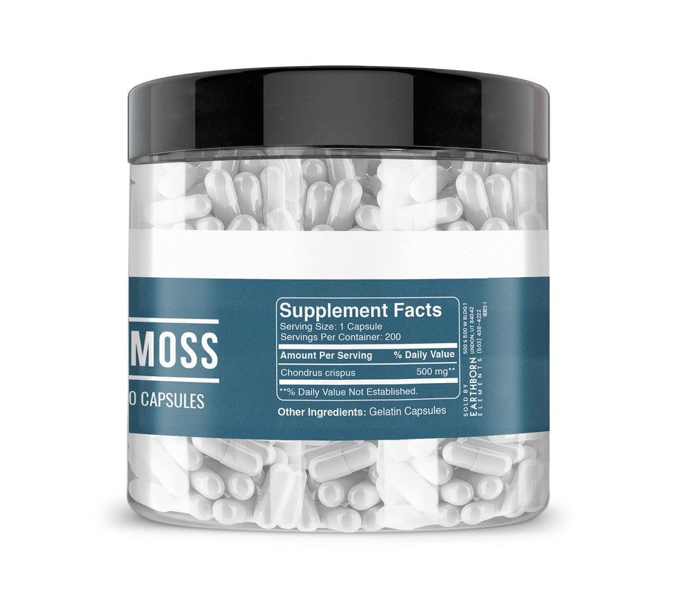 Earthborn Elements Irish Sea Moss bottle with label emphasizes USA-encapsulated production and quality.