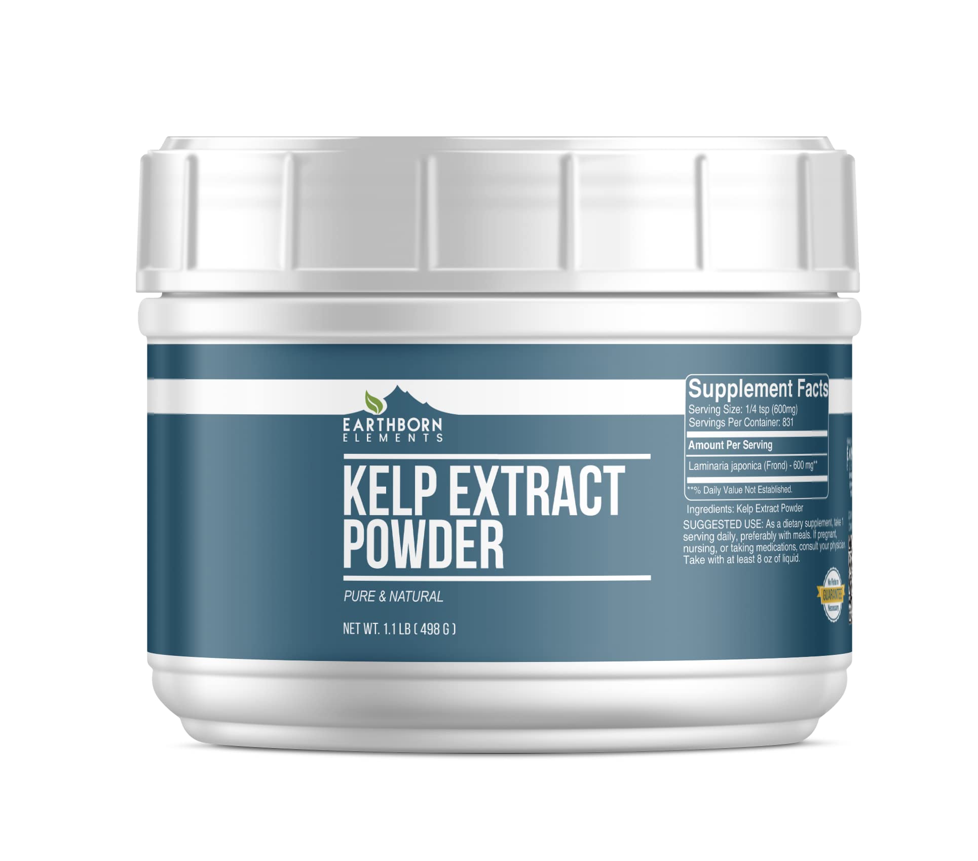 Earthborn Elements kelp extract powder in a resealable tub, ideal for pantry storage.