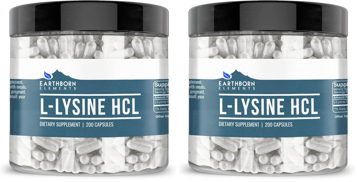 Earthborn Elements L-Lysine HCL capsules in a bottle for easy daily protein support.